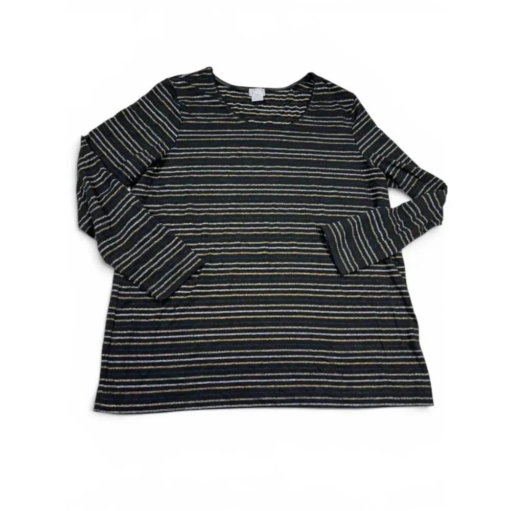 Chicos Long Sleeve Shirt Metallic Shimmer Striped Layering Top Stretch Knit 3 XL